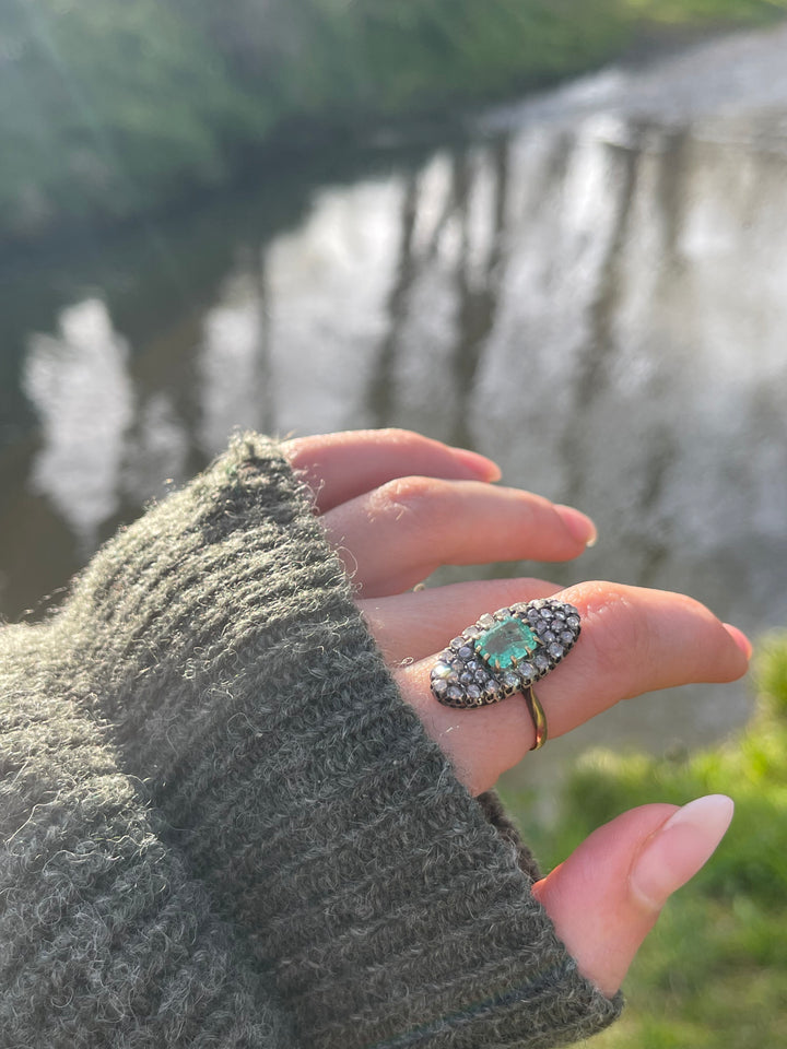 Napoleon III Emerald 1.95ct & Rose Cut Diamond Navette Ring