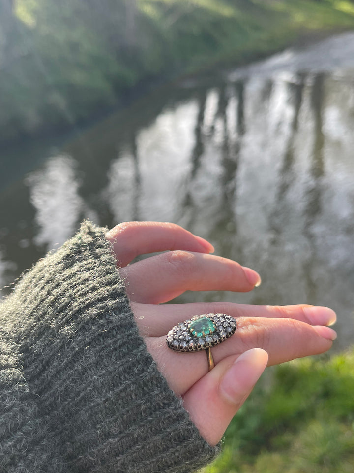 Napoleon III Emerald 1.95ct & Rose Cut Diamond Navette Ring