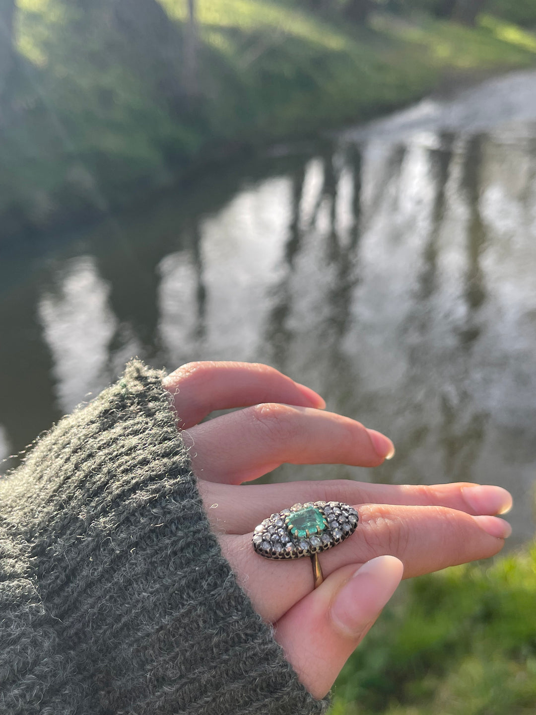 Napoleon III Emerald 1.95ct & Rose Cut Diamond Navette Ring