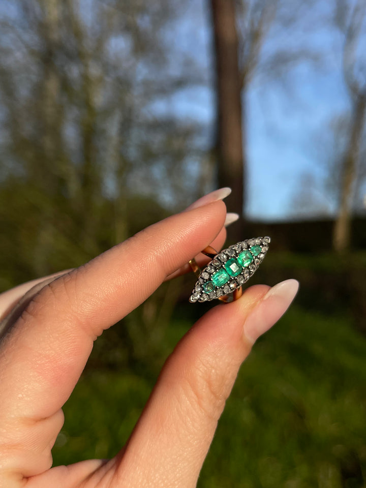 Emerald & Rose Cut Diamond Navette Ring