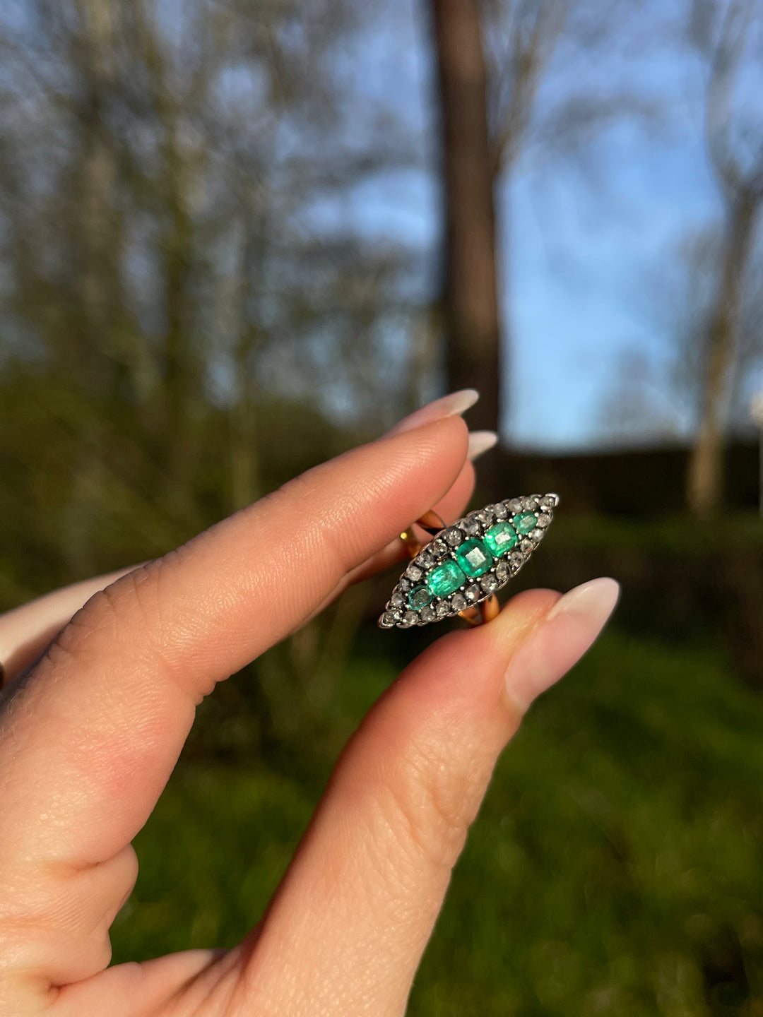 Emerald & Rose Cut Diamond Navette Ring