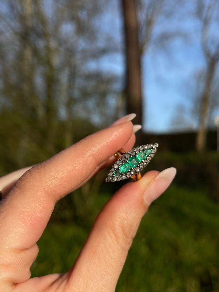 Emerald & Rose Cut Diamond Navette Ring
