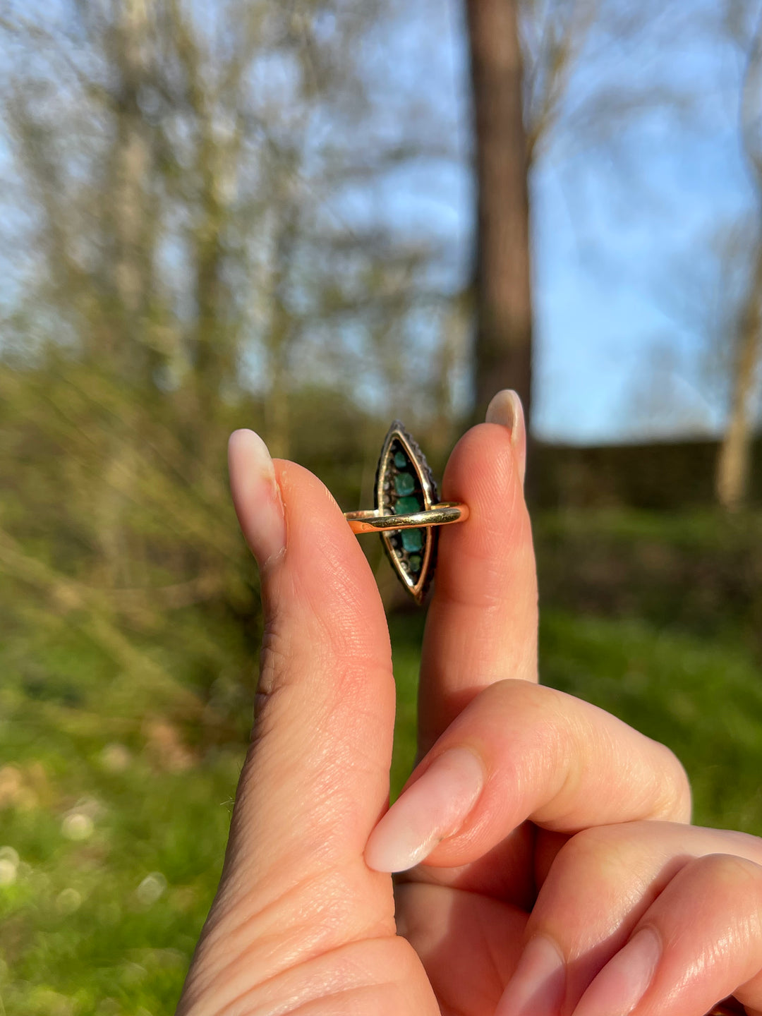 Emerald & Rose Cut Diamond Navette Ring