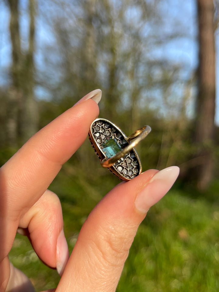 Napoleon III Emerald 1.95ct & Rose Cut Diamond Navette Ring