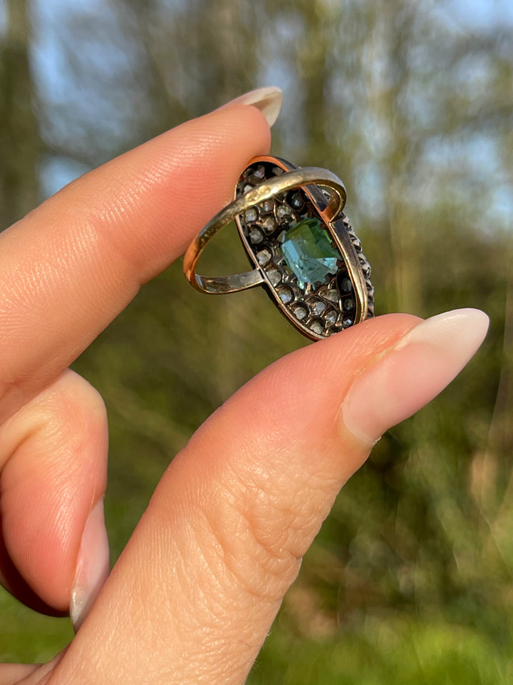 Napoleon III Emerald 1.95ct & Rose Cut Diamond Navette Ring