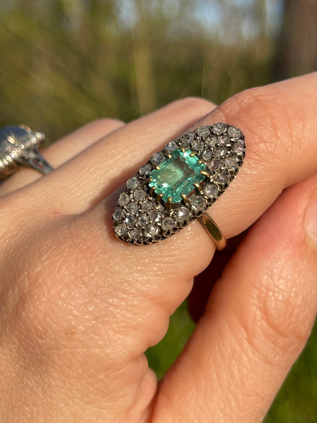 Napoleon III Emerald 1.95ct & Rose Cut Diamond Navette Ring