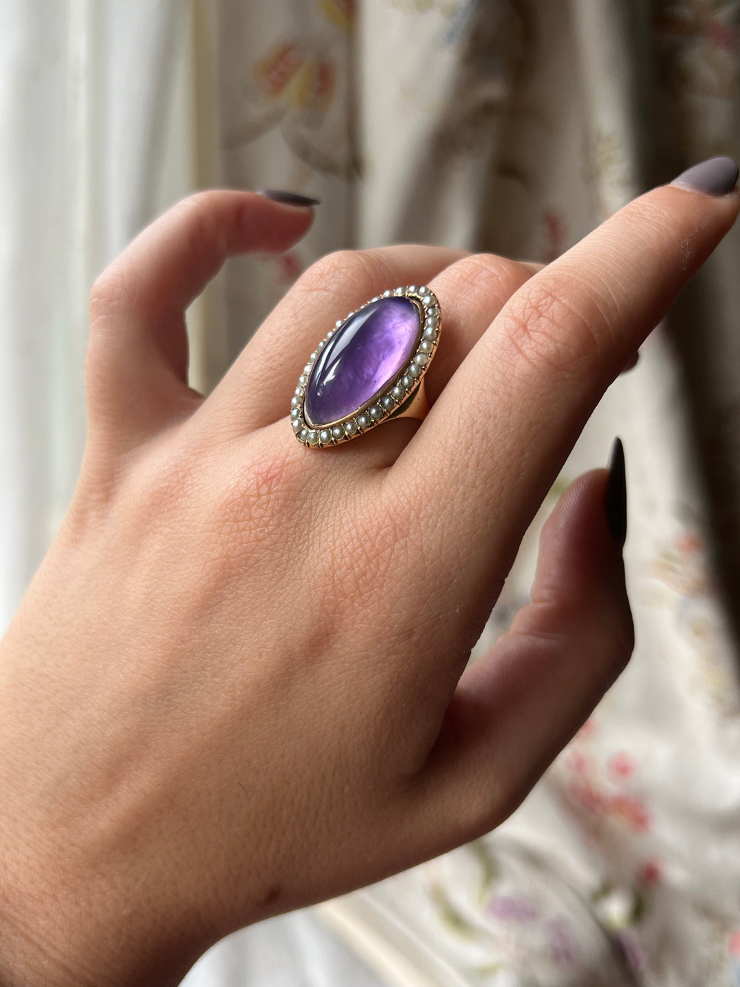 Superb French Late 18th Century Amethyst and Pearl Navette Ring