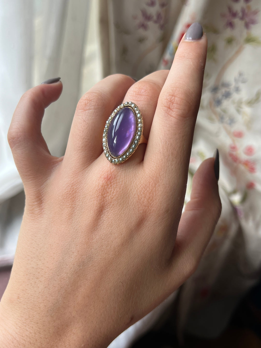 Superb French Late 18th Century Amethyst and Pearl Navette Ring