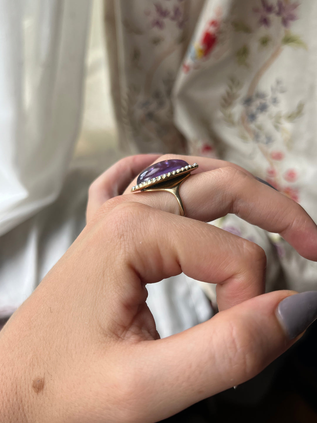 Superb French Late 18th Century Amethyst and Pearl Navette Ring