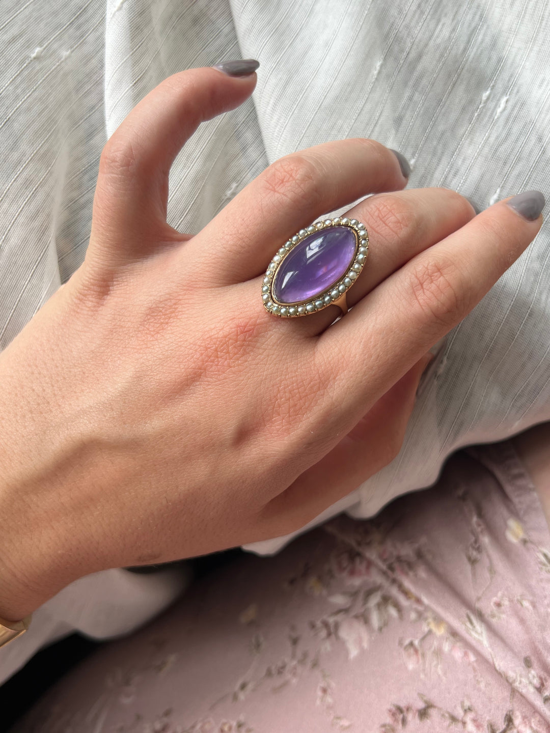 Superb French Late 18th Century Amethyst and Pearl Navette Ring