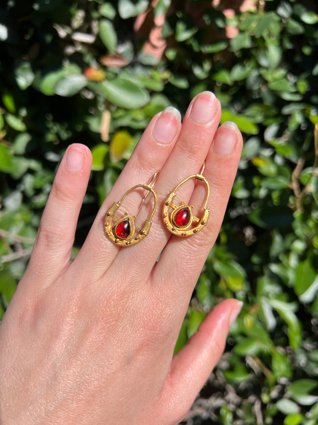 Rare Pair of Ancient Greek Earrings Set with Garnets