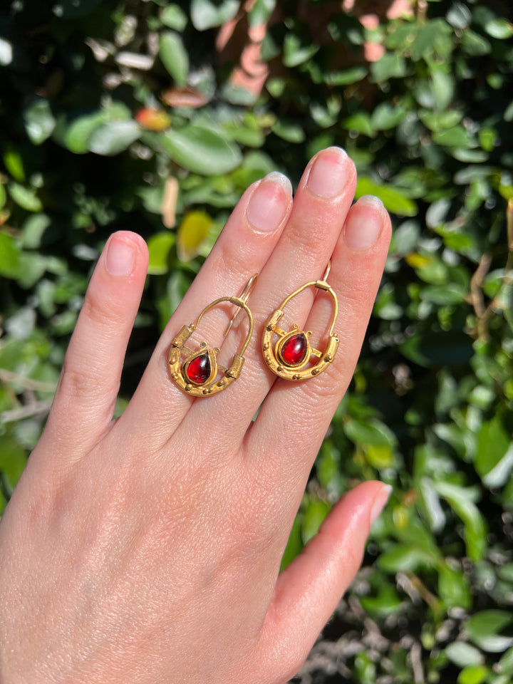 Rare Pair of Ancient Greek Earrings Set with Garnets