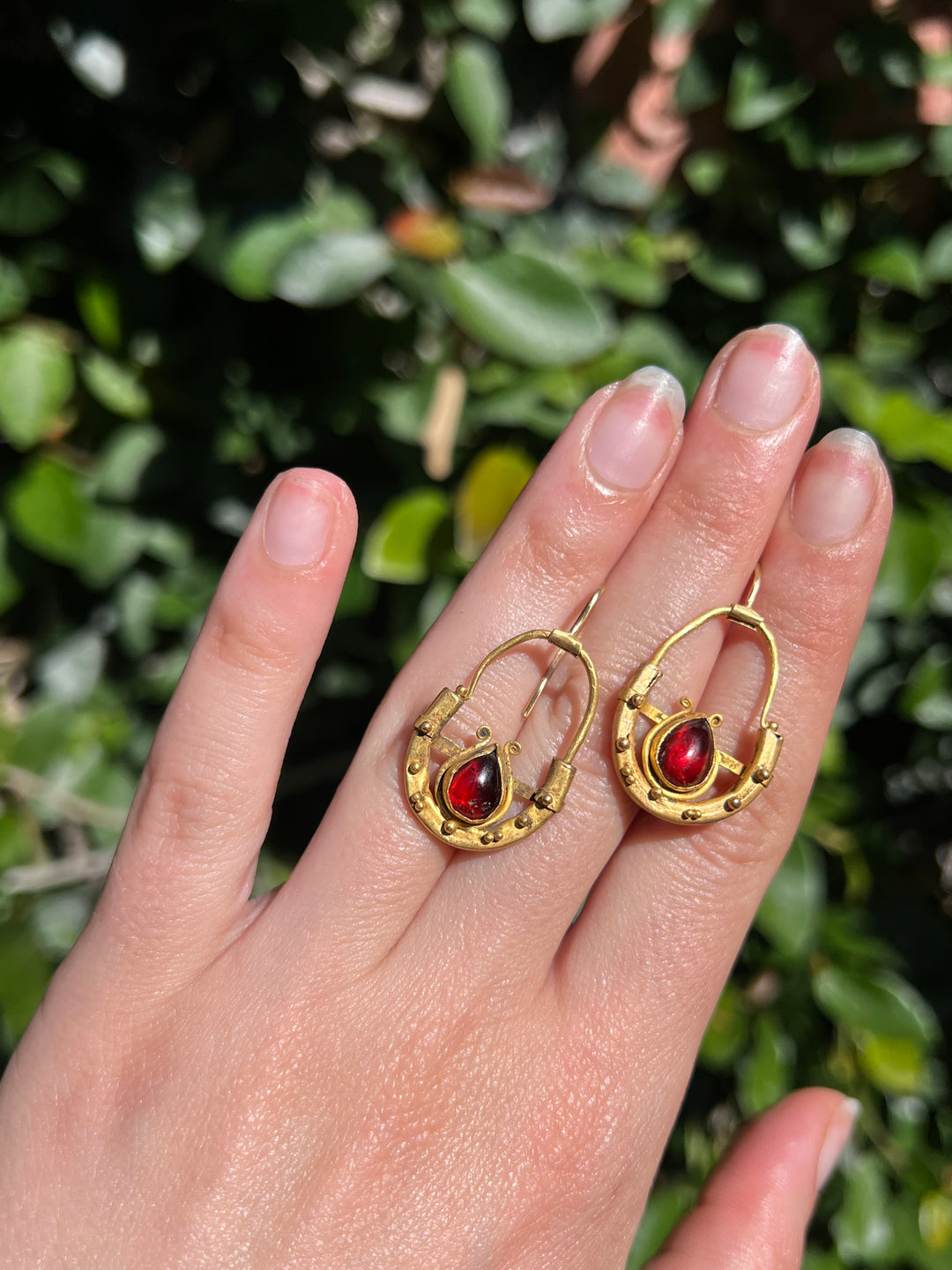 Rare Pair of Ancient Greek Earrings Set with Garnets