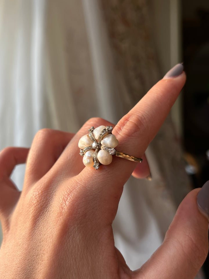 14ct Pearl and Diamond Flower Ring