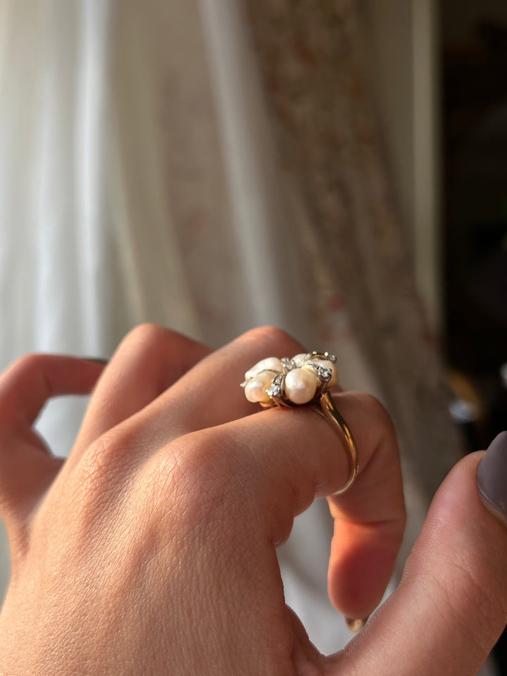 14ct Pearl and Diamond Flower Ring