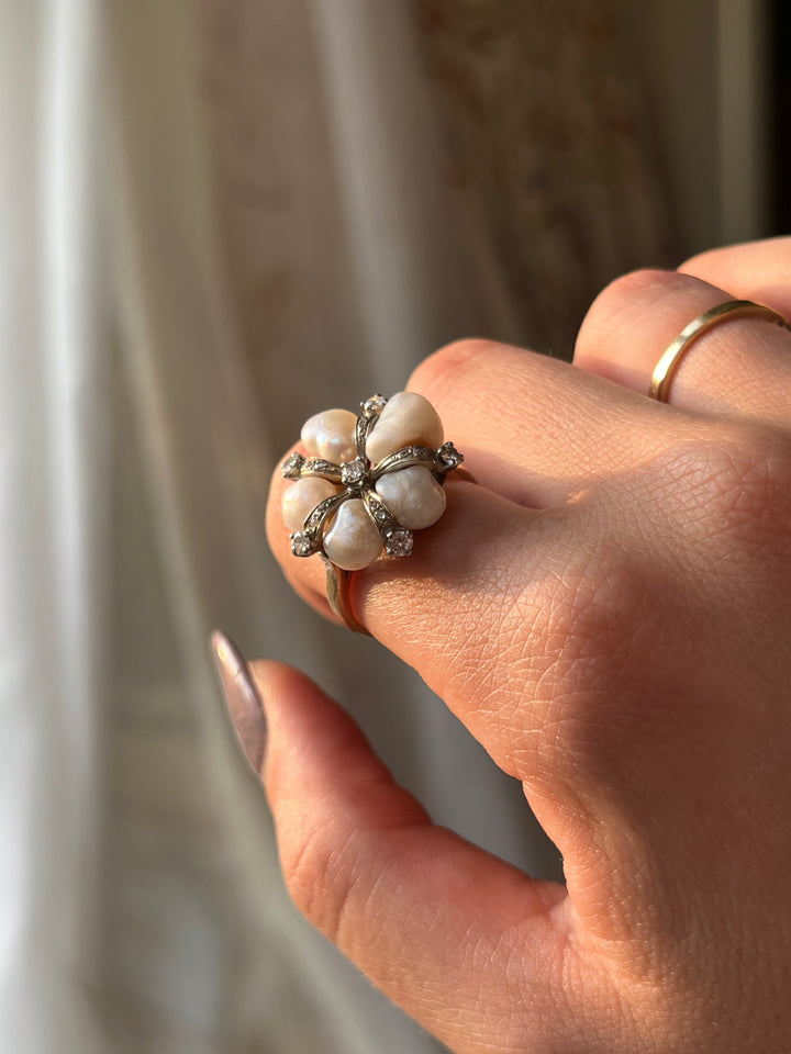 14ct Pearl and Diamond Flower Ring