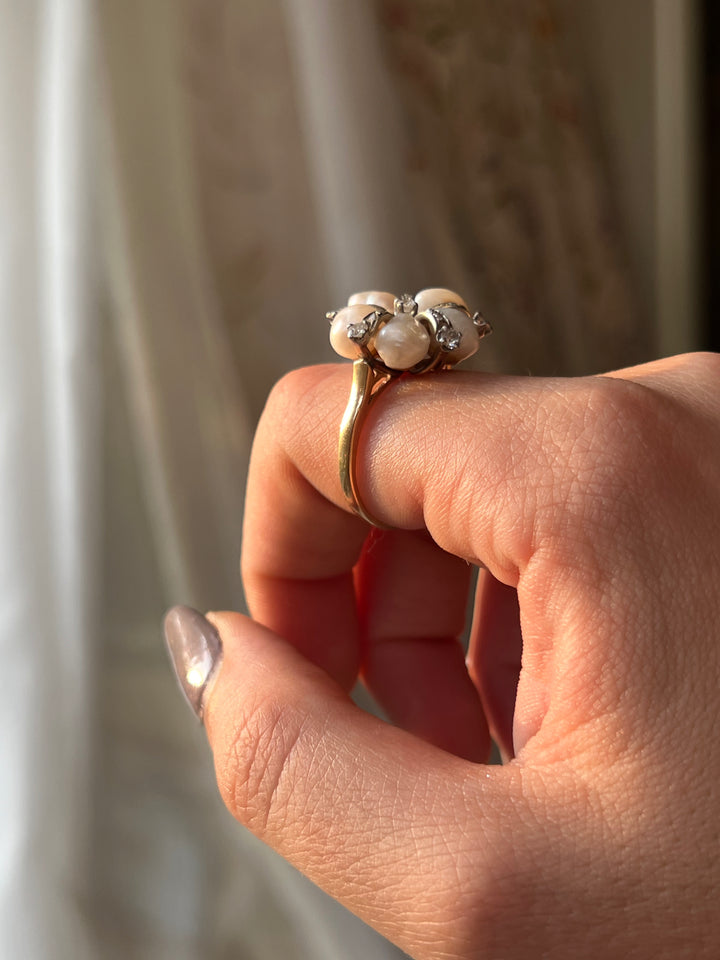14ct Pearl and Diamond Flower Ring