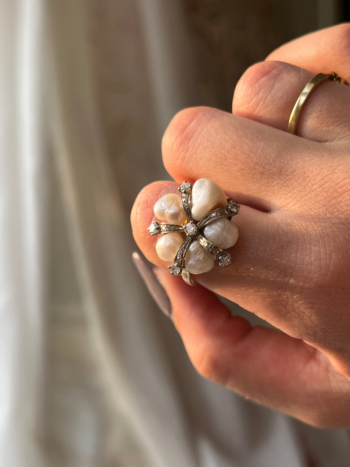 14ct Pearl and Diamond Flower Ring