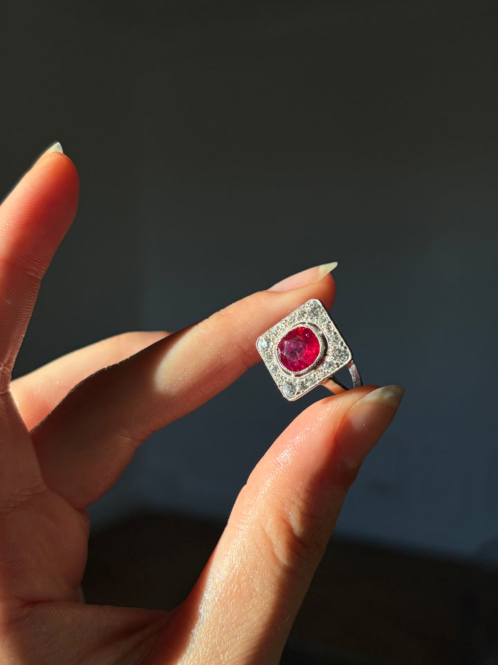 Art Deco Ruby & Diamond Plaque Ring | 2.08ct GemParis Certified Ruby | Platinum | Near Mint