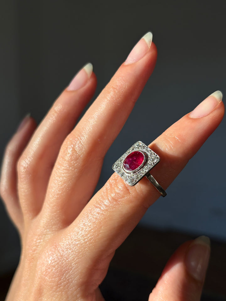 Art Deco Ruby & Diamond Plaque Ring | 2.08ct GemParis Certified Ruby | Platinum | Near Mint