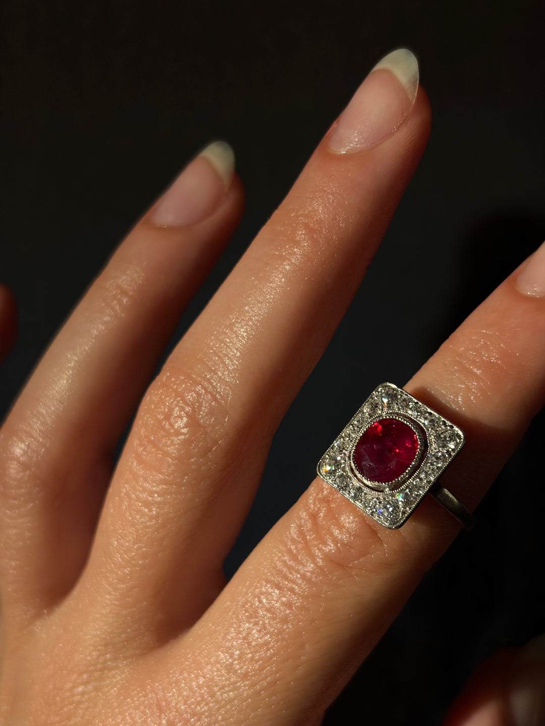 Art Deco Ruby & Diamond Plaque Ring | 2.08ct GemParis Certified Ruby | Platinum | Near Mint
