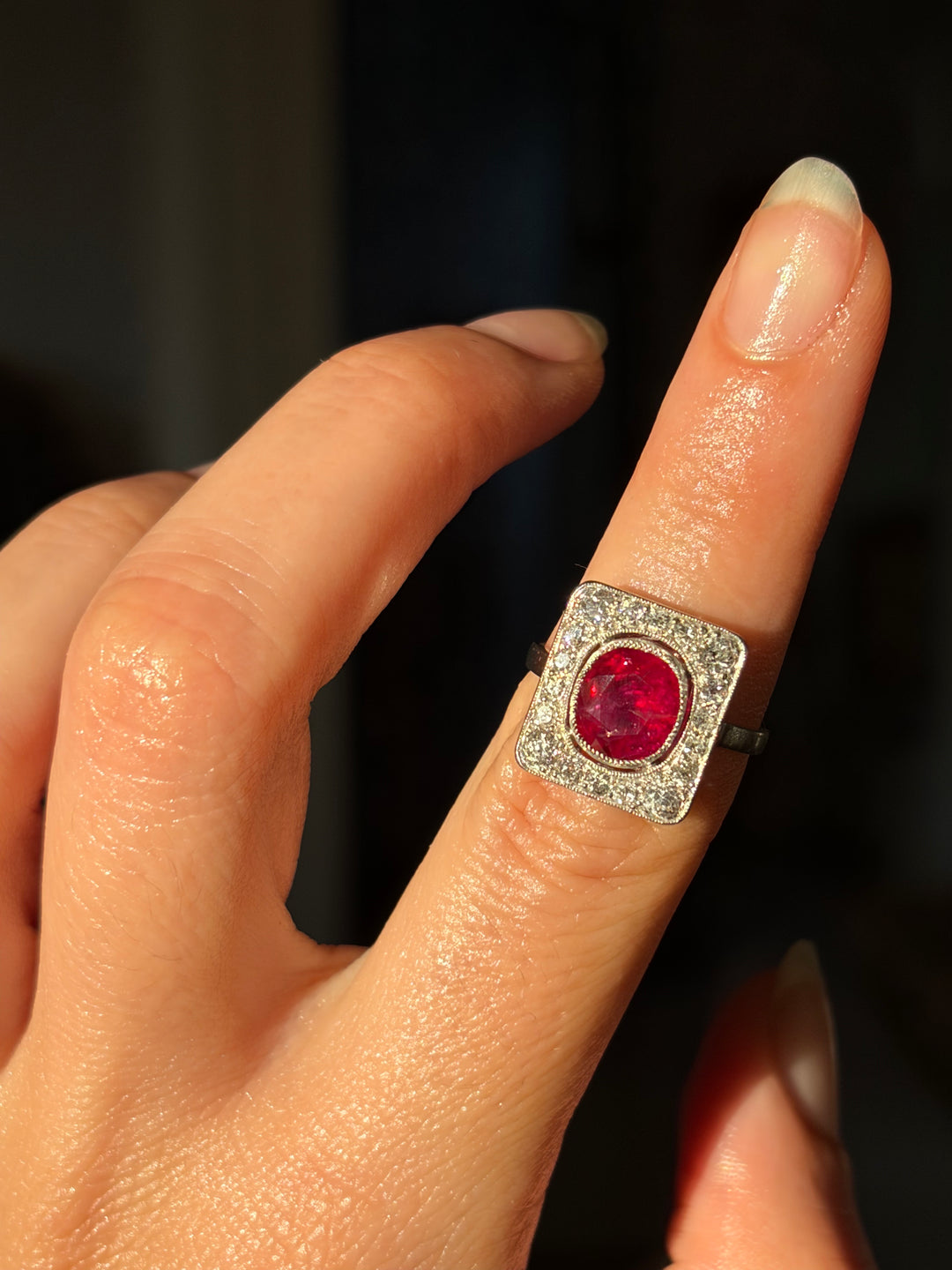 Art Deco Ruby & Diamond Plaque Ring | 2.08ct GemParis Certified Ruby | Platinum | Near Mint