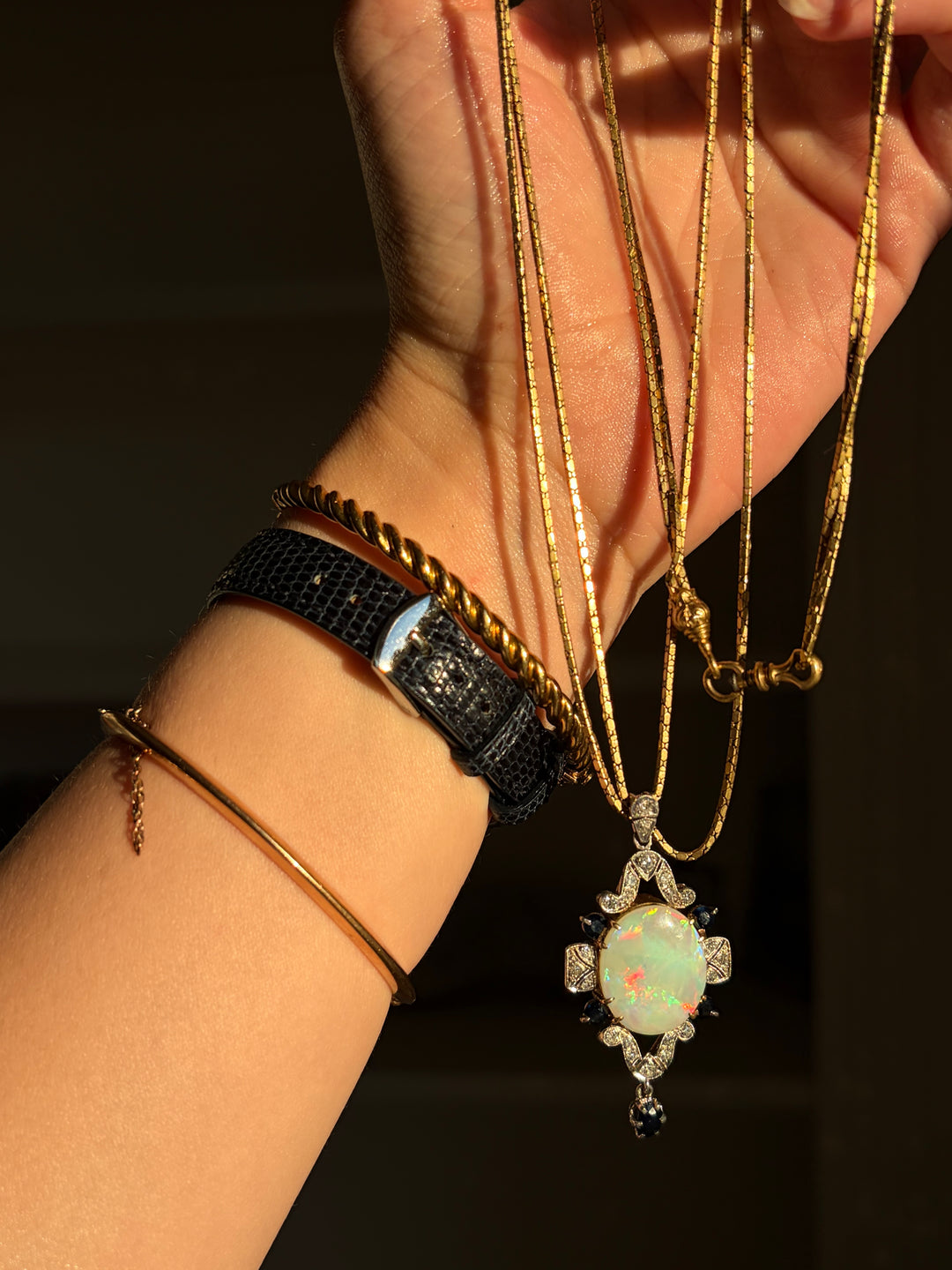 English Opal Sapphire & Diamond Pendant| Post-Deco | 14ct White & Yellow Gold | c.1930s
