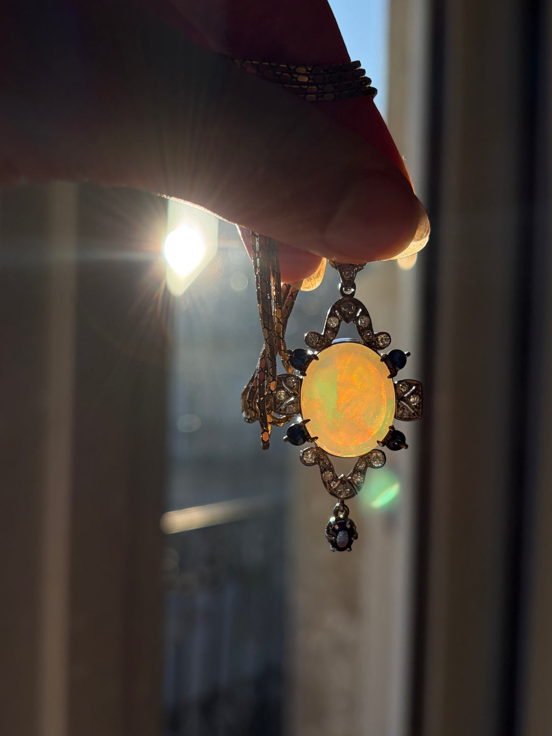 English Opal Sapphire & Diamond Pendant| Post-Deco | 14ct White & Yellow Gold | c.1930s