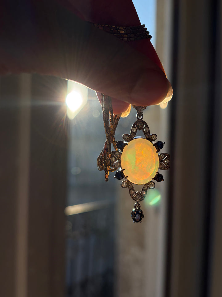 English Opal Sapphire & Diamond Pendant| Post-Deco | 14ct White & Yellow Gold | c.1930s