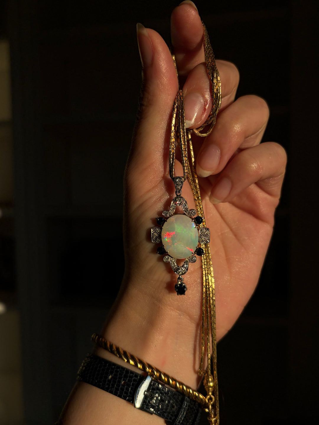 English Opal Sapphire & Diamond Pendant| Post-Deco | 14ct White & Yellow Gold | c.1930s