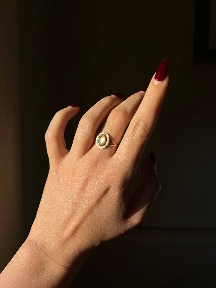 Outstanding Edwardian Moonstone and White Enamel Conversion Ring