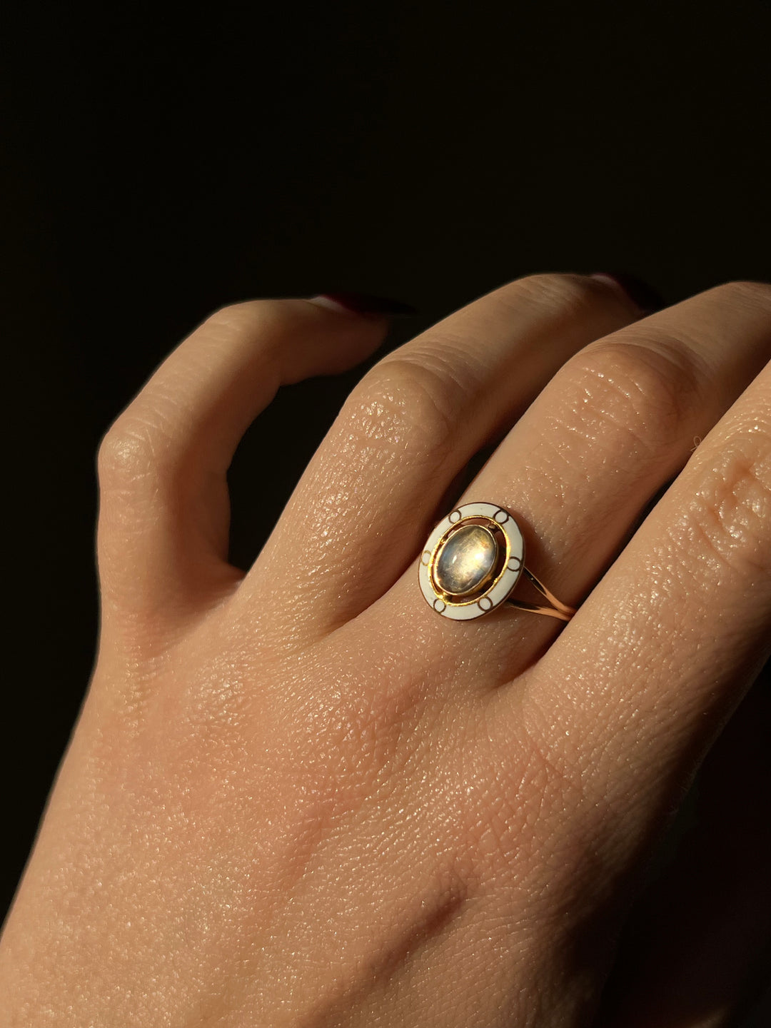 Outstanding Edwardian Moonstone and White Enamel Conversion Ring