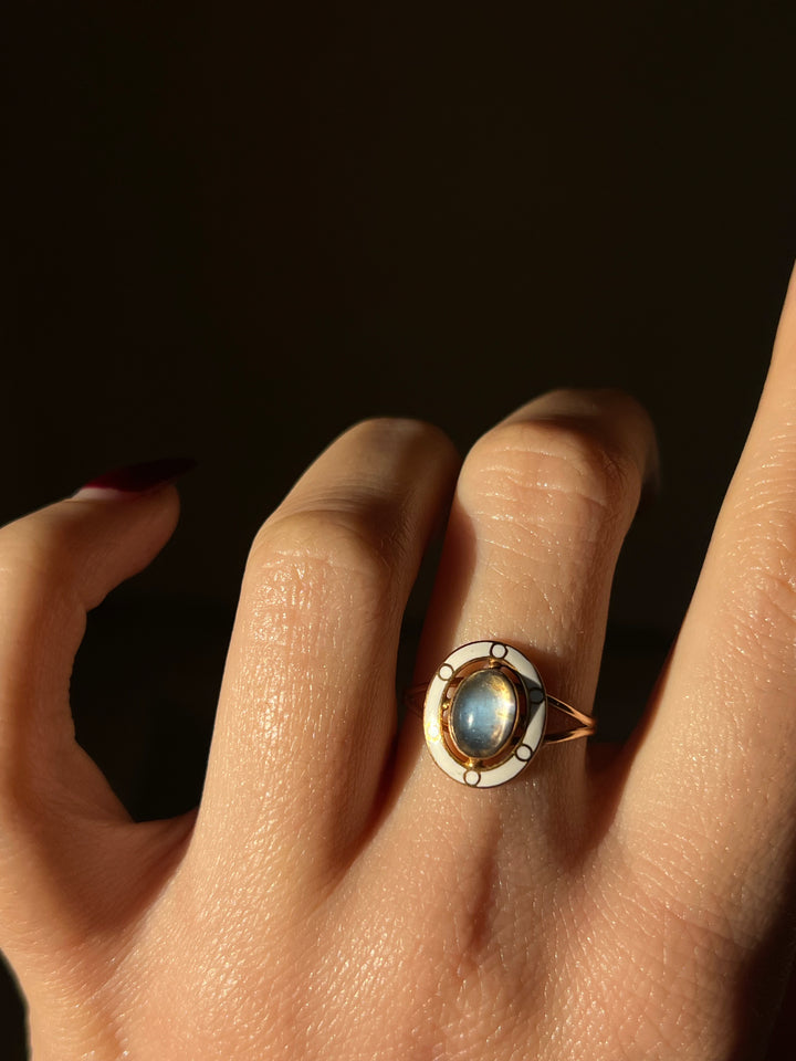 Outstanding Edwardian Moonstone and White Enamel Conversion Ring