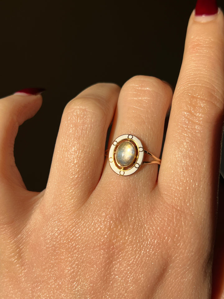Outstanding Edwardian Moonstone and White Enamel Conversion Ring