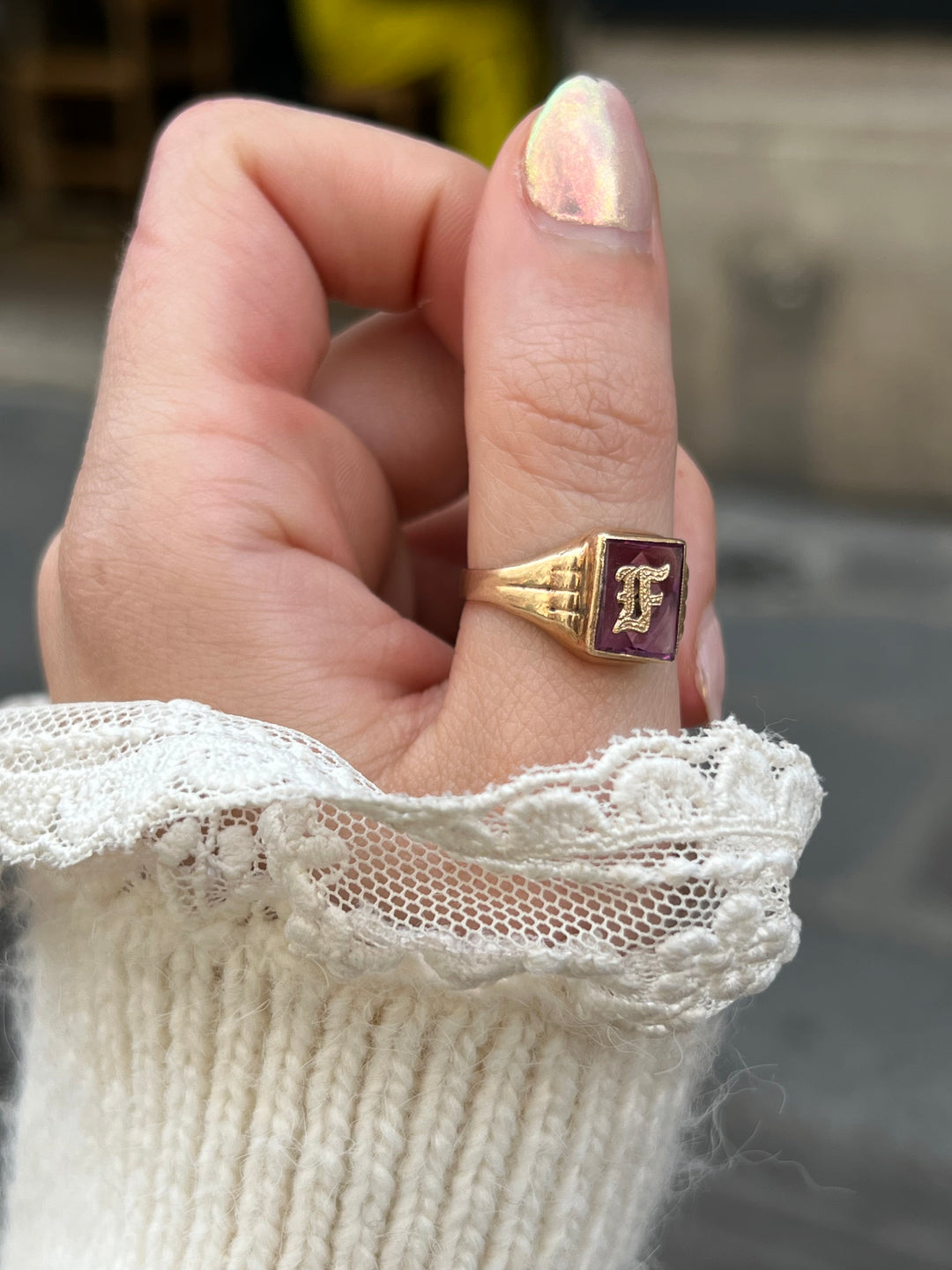 Amethyst Ring Featuring an F on the Face, in 14ct- Circa 1925