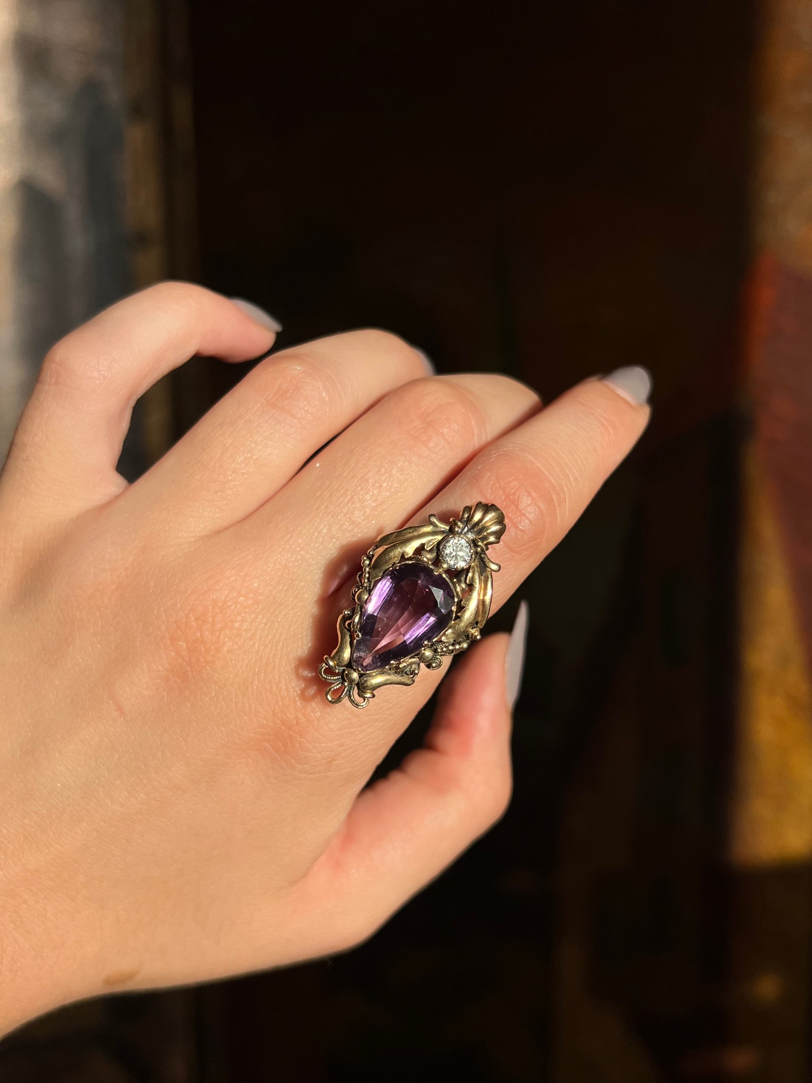 Victorian conversion ring featuring amethyst and quartz crystals in antique gold setting