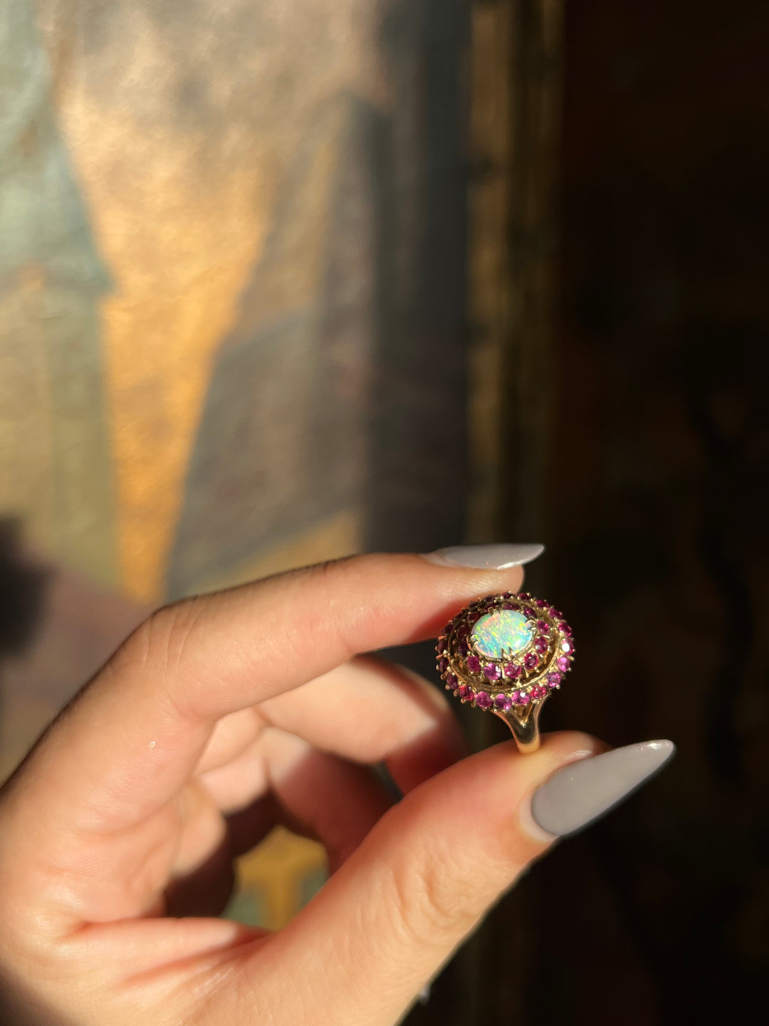 Vibrant Vintage Opal and Ruby Ring in 18ct