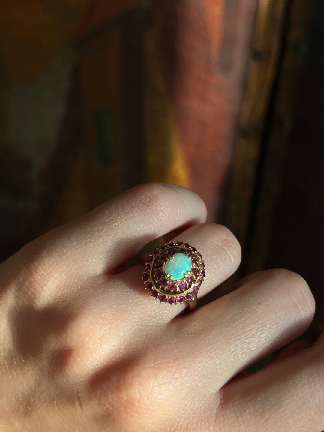 Vibrant Vintage Opal and Ruby Ring in 18ct