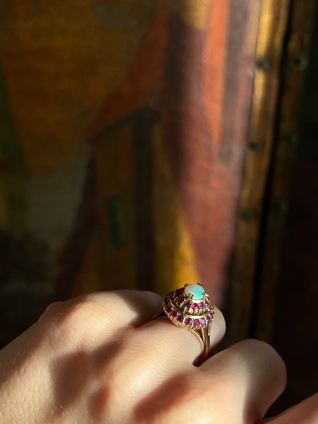 Vibrant Vintage Opal and Ruby Ring in 18ct