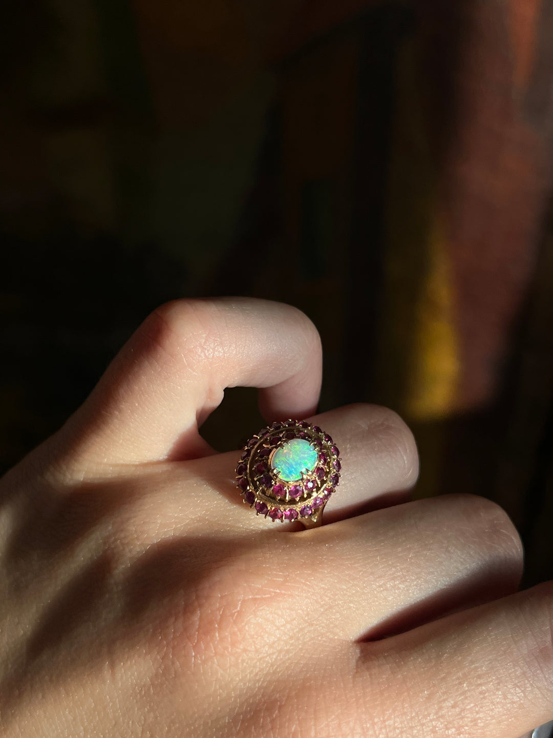 Vibrant Vintage Opal and Ruby Ring in 18ct