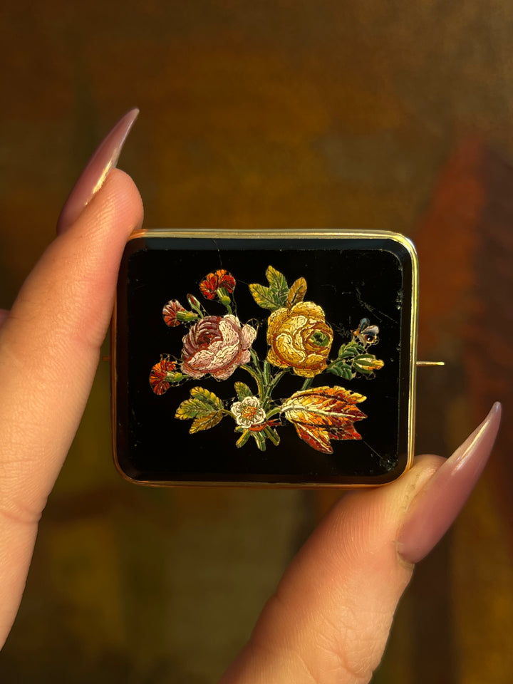 Outrageous Micromosaic and Onyx Brooch Circa 1880