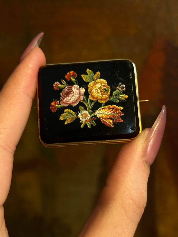 Outrageous Micromosaic and Onyx Brooch Circa 1880