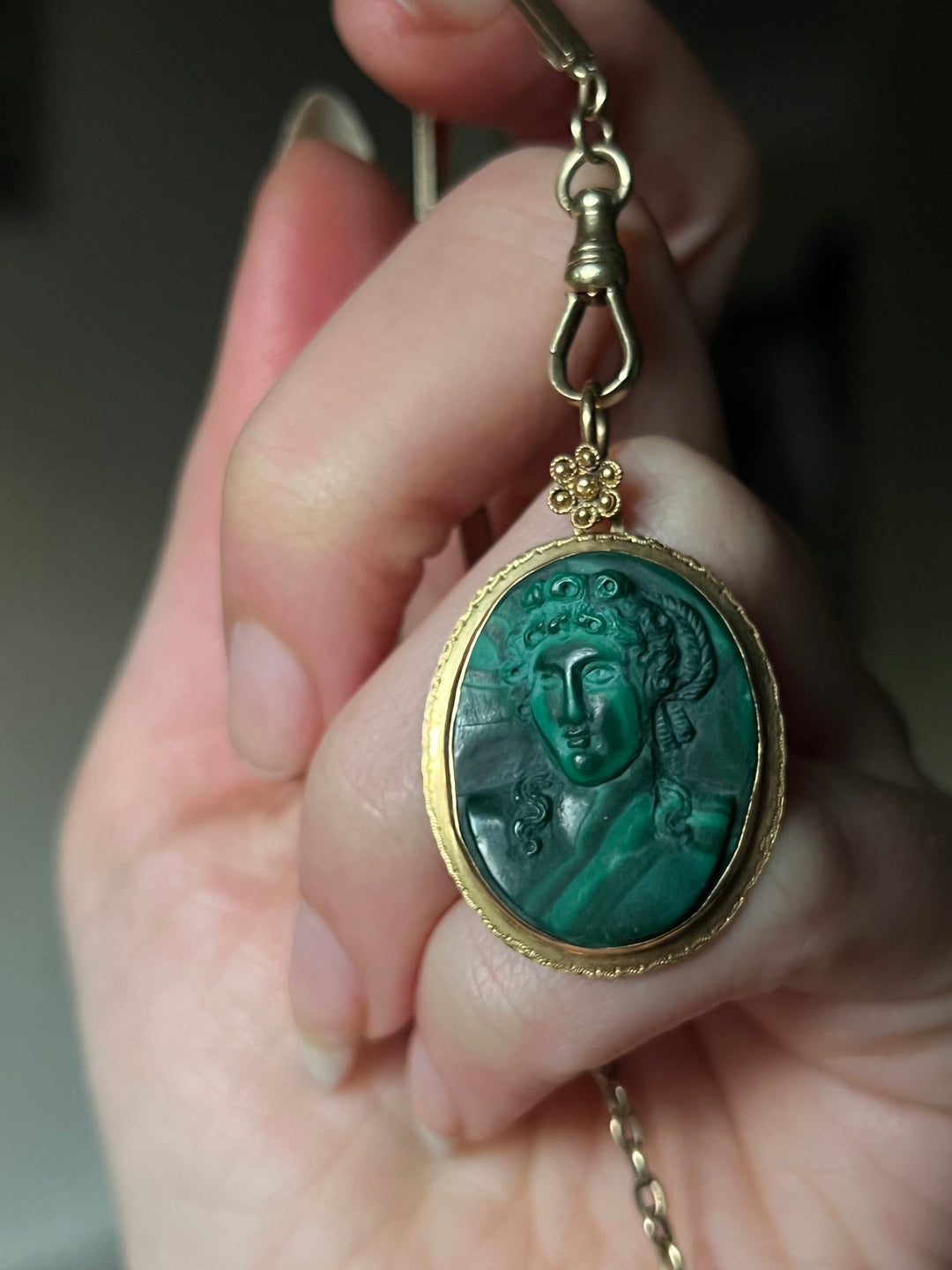 Outstanding Malachite Cameo Pendant c. 1860