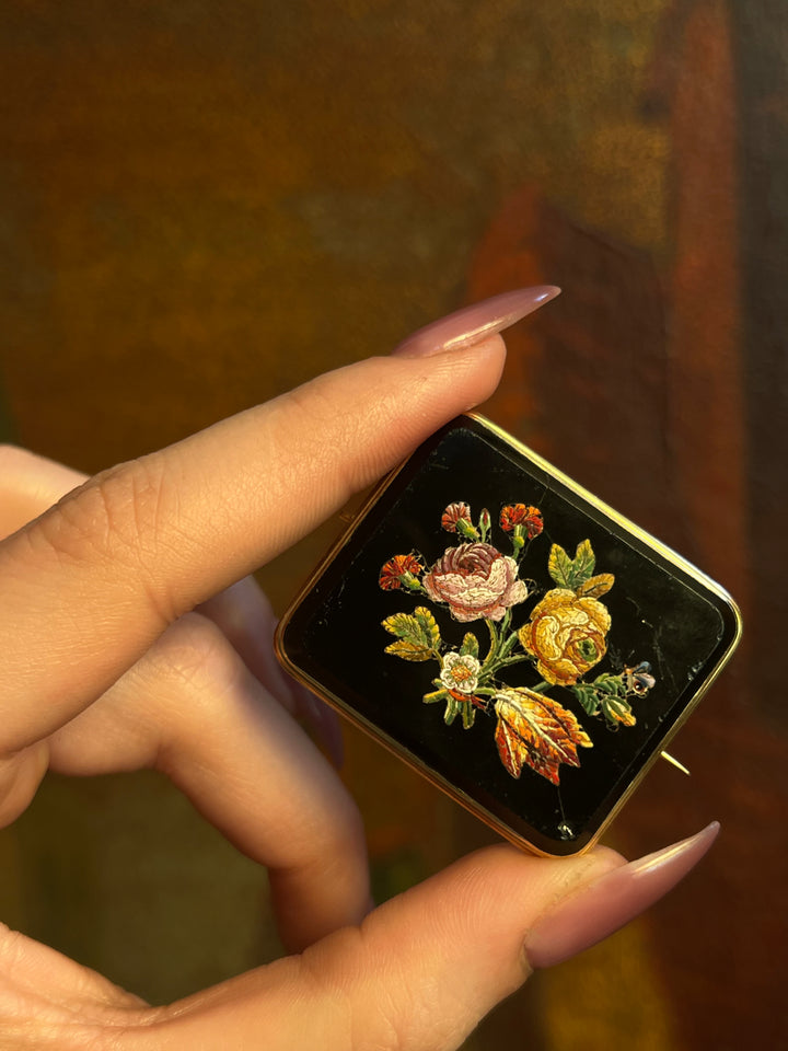 Outrageous Micromosaic and Onyx Brooch Circa 1880