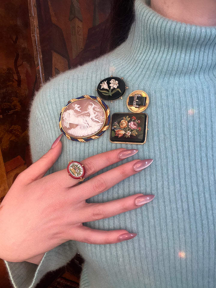 Stunning Victorian Buckle Brooch in Black Chalcedony + Diamond