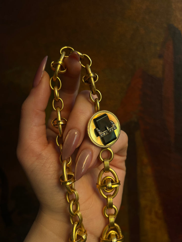 Stunning Victorian Buckle Brooch in Black Chalcedony + Diamond