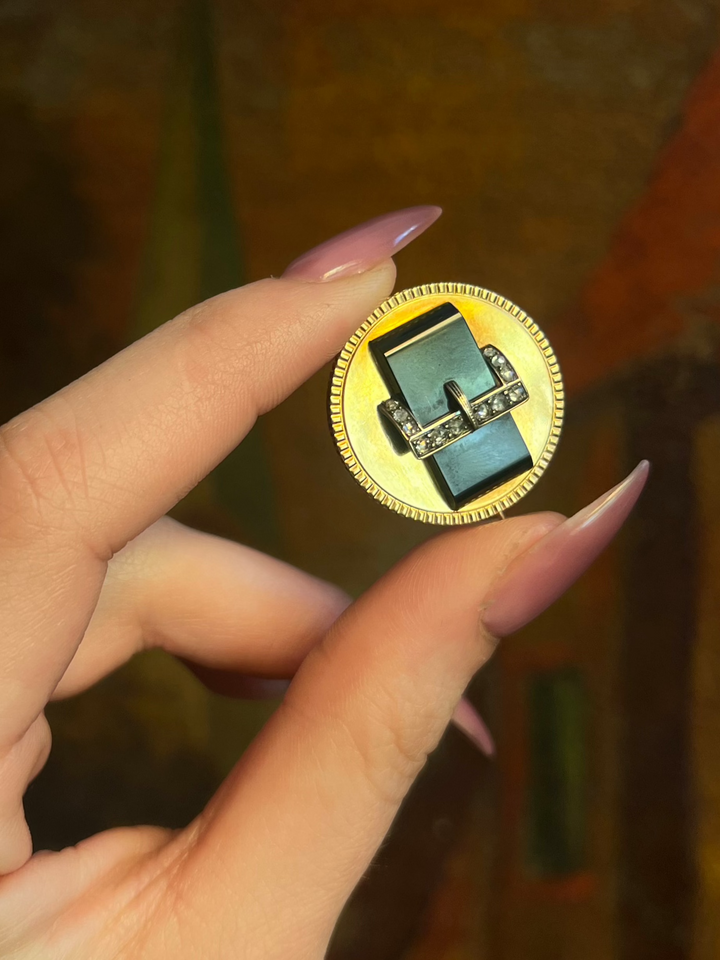 Stunning Victorian Buckle Brooch in Black Chalcedony + Diamond