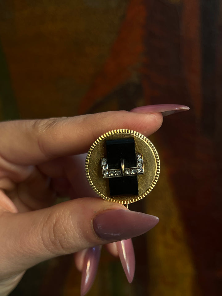 Stunning Victorian Buckle Brooch in Black Chalcedony + Diamond