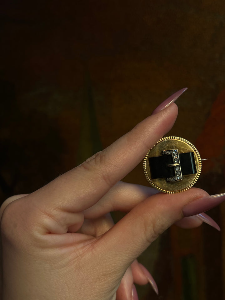 Stunning Victorian Buckle Brooch in Black Chalcedony + Diamond