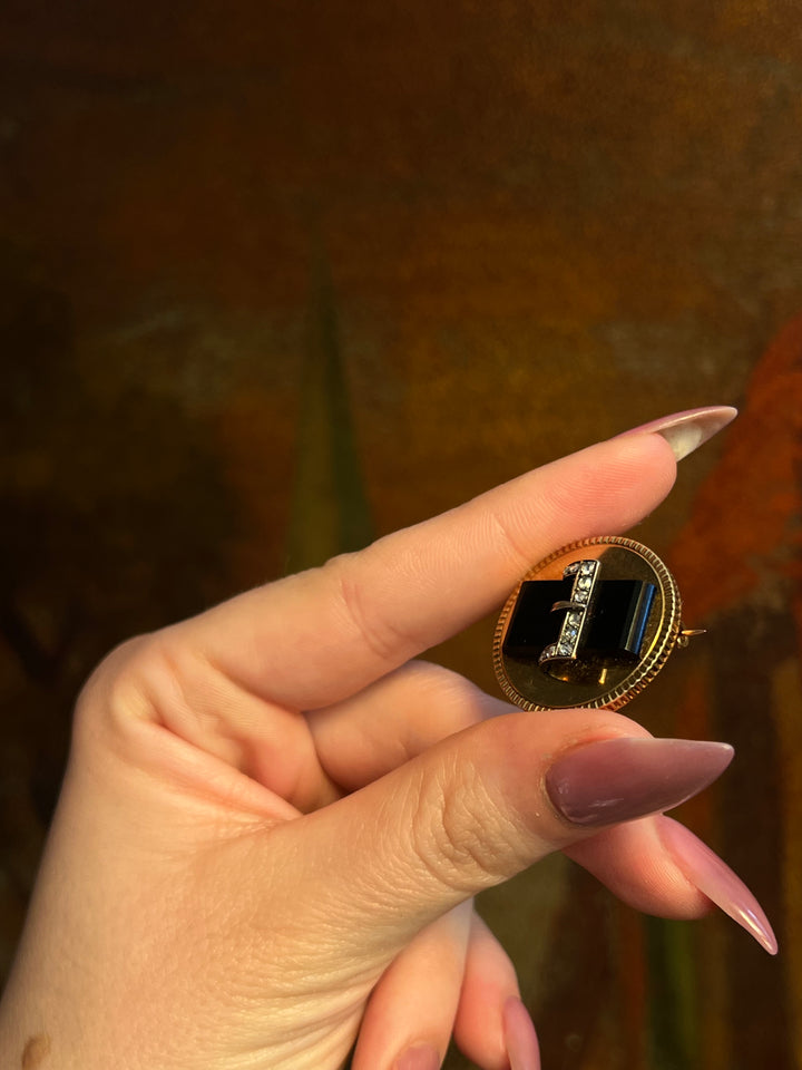 Stunning Victorian Buckle Brooch in Black Chalcedony + Diamond